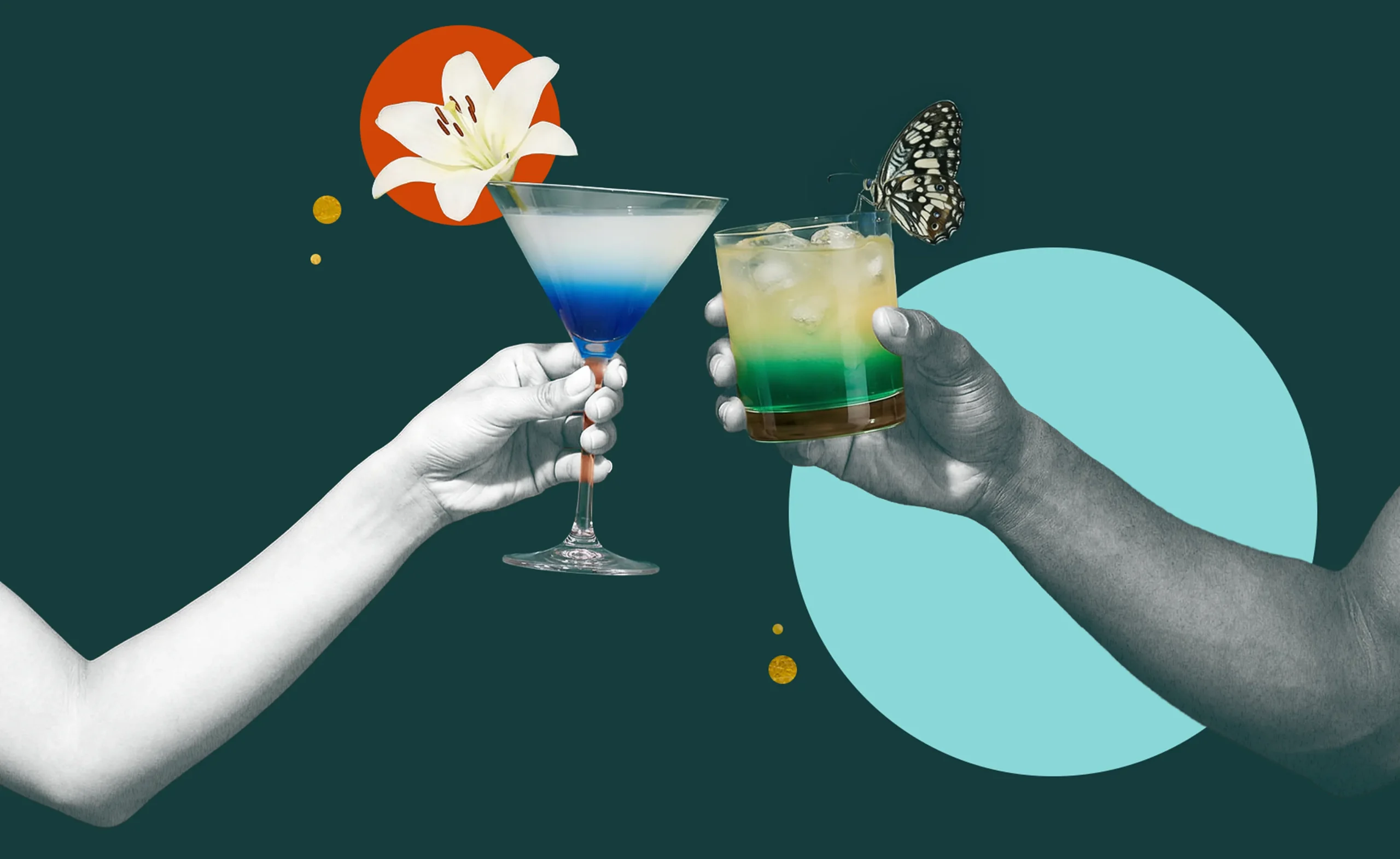 Two hands clink colorful cocktails; one holds a blue and white martini with a lily, the other a green drink with a butterfly. Abstract circles and dots decorate the dark background.