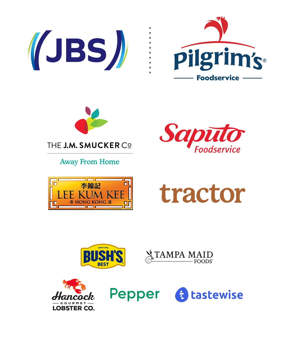 A collection of eleven food company logos arranged in a grid, including JBS, Pilgrims, The J.M. Smucker Co, Saputo, Lee Kum Kee, Tractor, Bushs Best, Tampa Maid Foods, Hancock Lobster Co., Pepper, and tastewise.